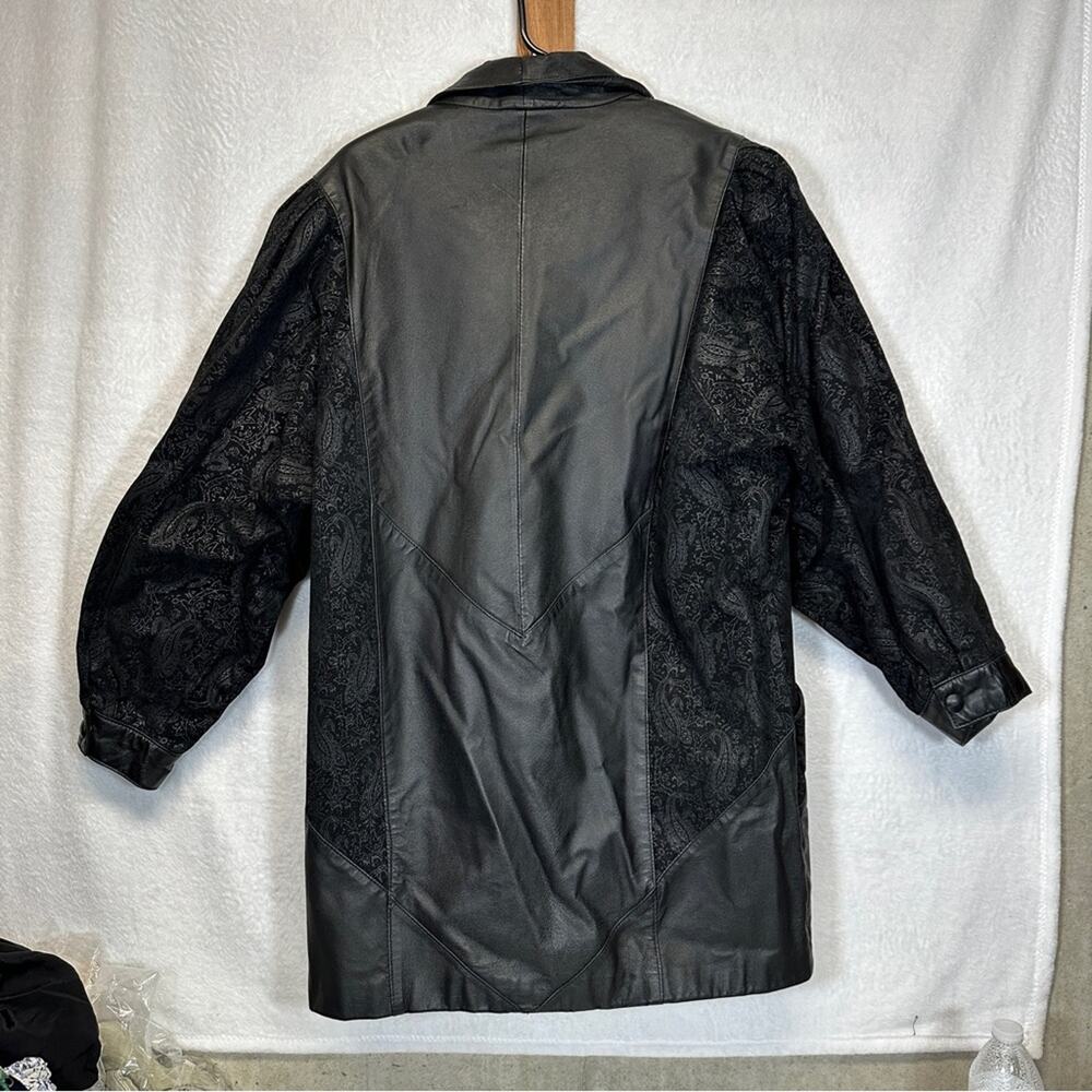 Vintage 80s Wilsons Black Leather Paisley Print Long Sleeve Coat Size M - Picture 5 of 13